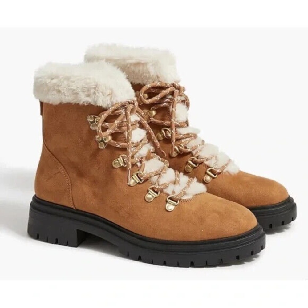 NWOB J. Crew Boots Womens Chestnut Microfiber Faux-Fur Winter Hiking Boots